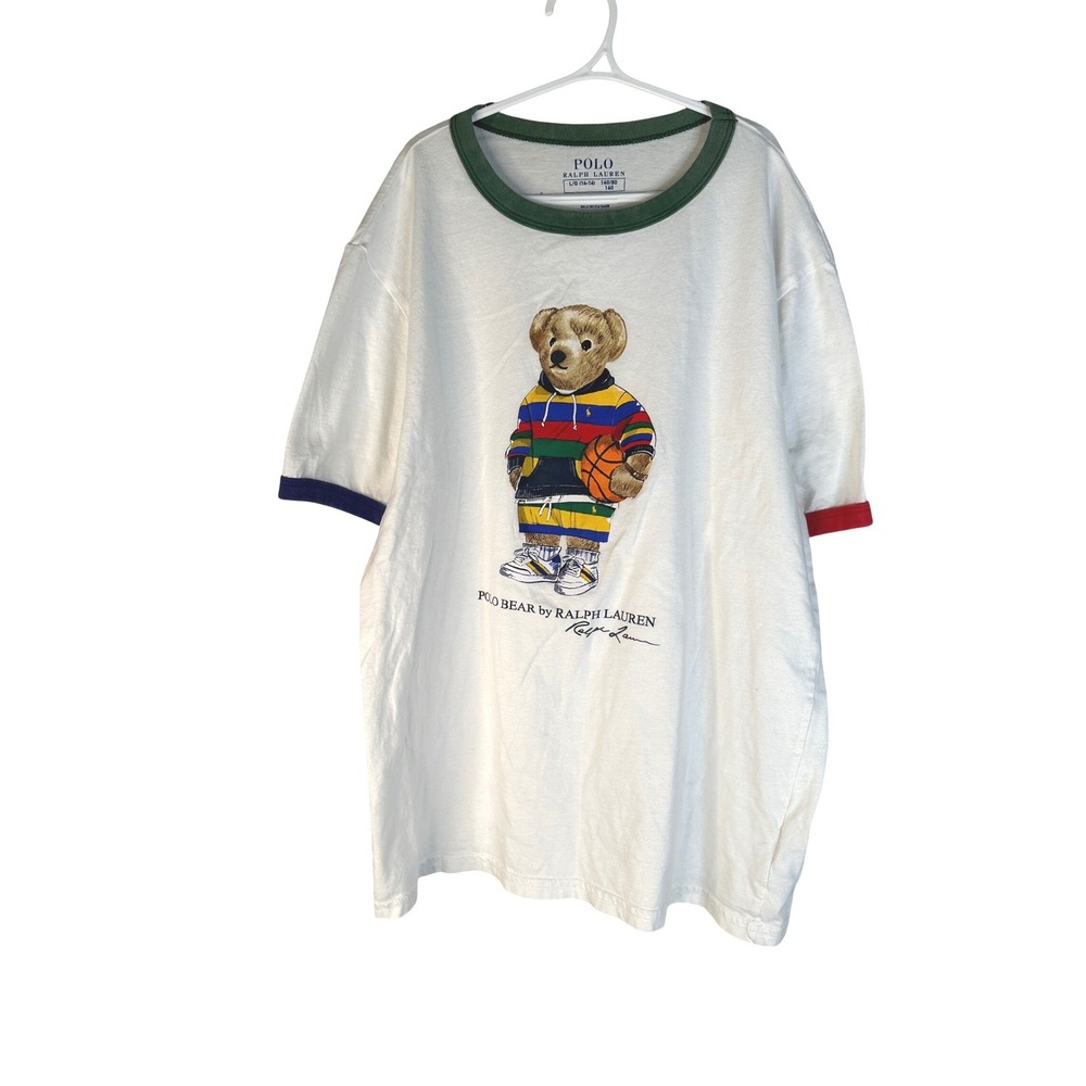 Polo Ralph Lauren Kid's White Polo Bear Basketball Ringer T-Shirt Size L 14-16